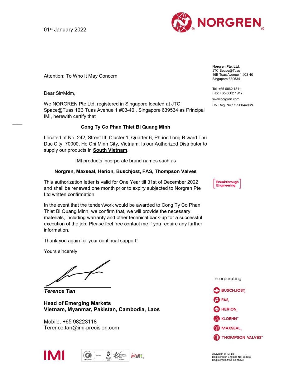 Norgren Authorization Letter 2022