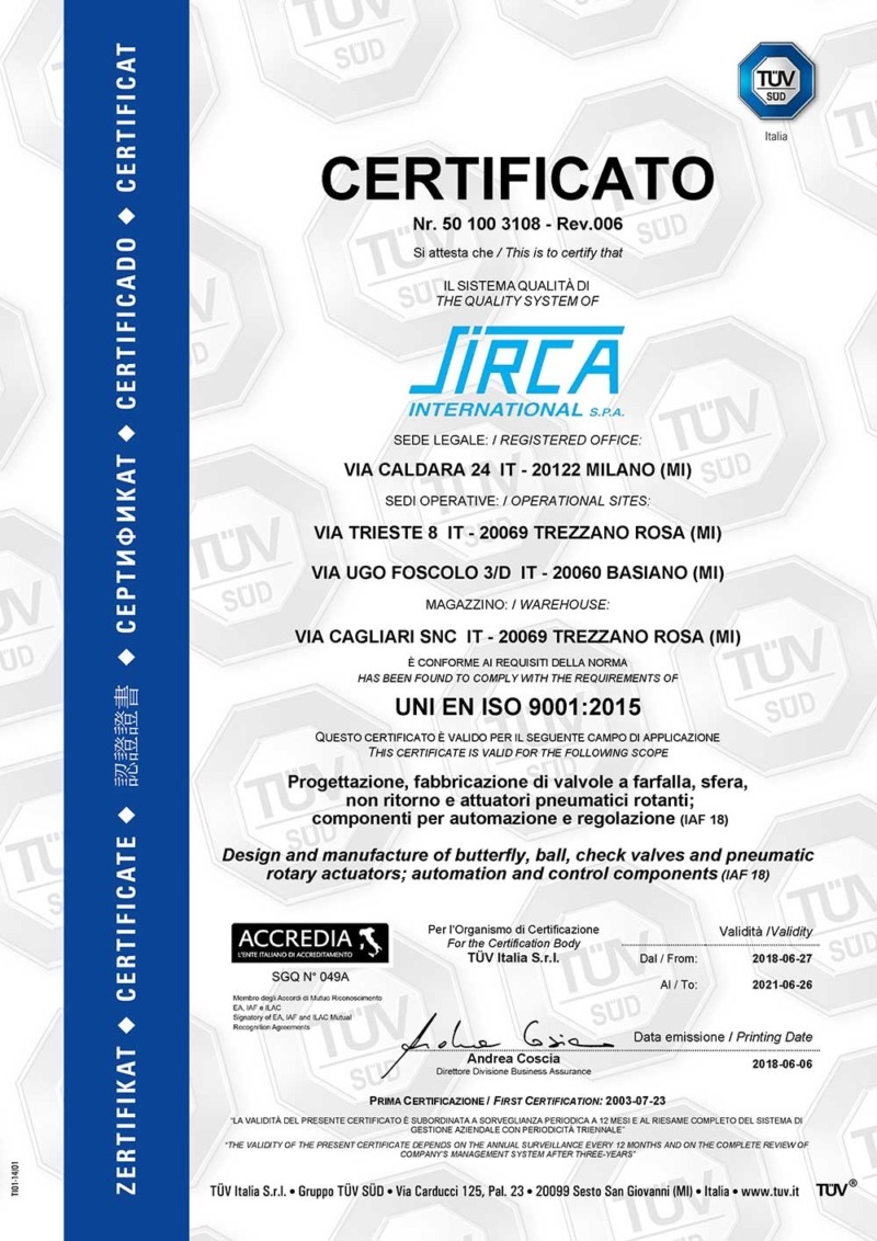 UNI EN ISO 9001:2015 Certified Quality System