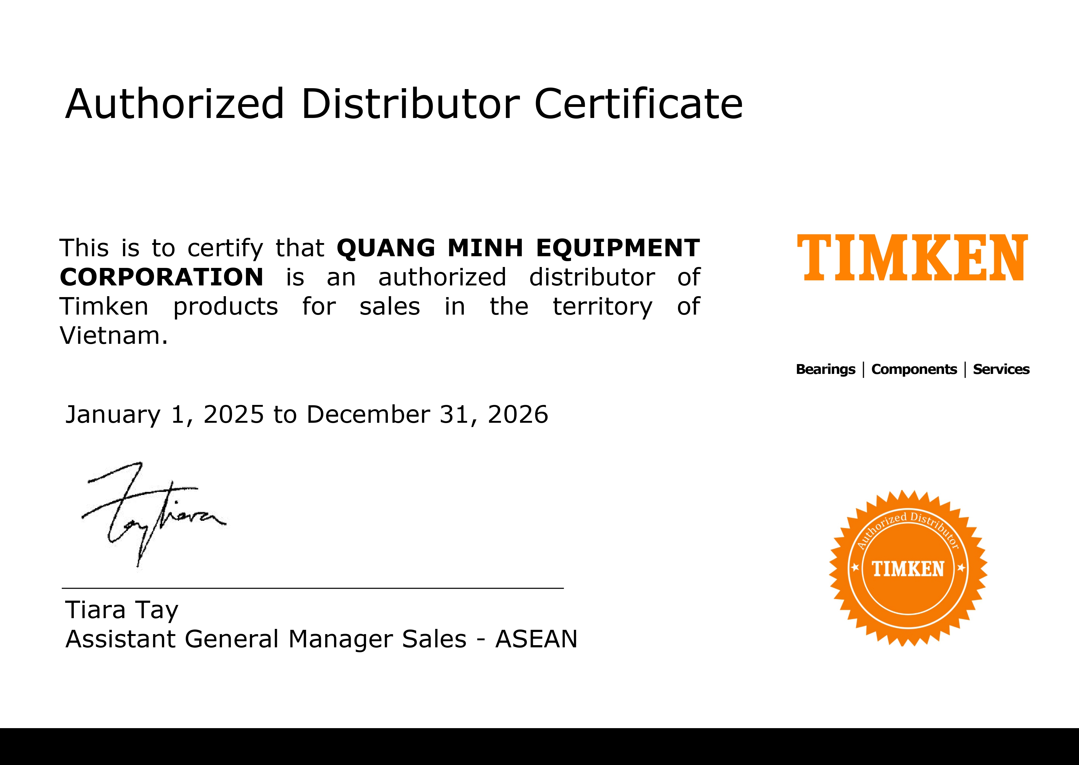 Thư xác nhận QME là đại lý Timken 2025 tại Việt Nam