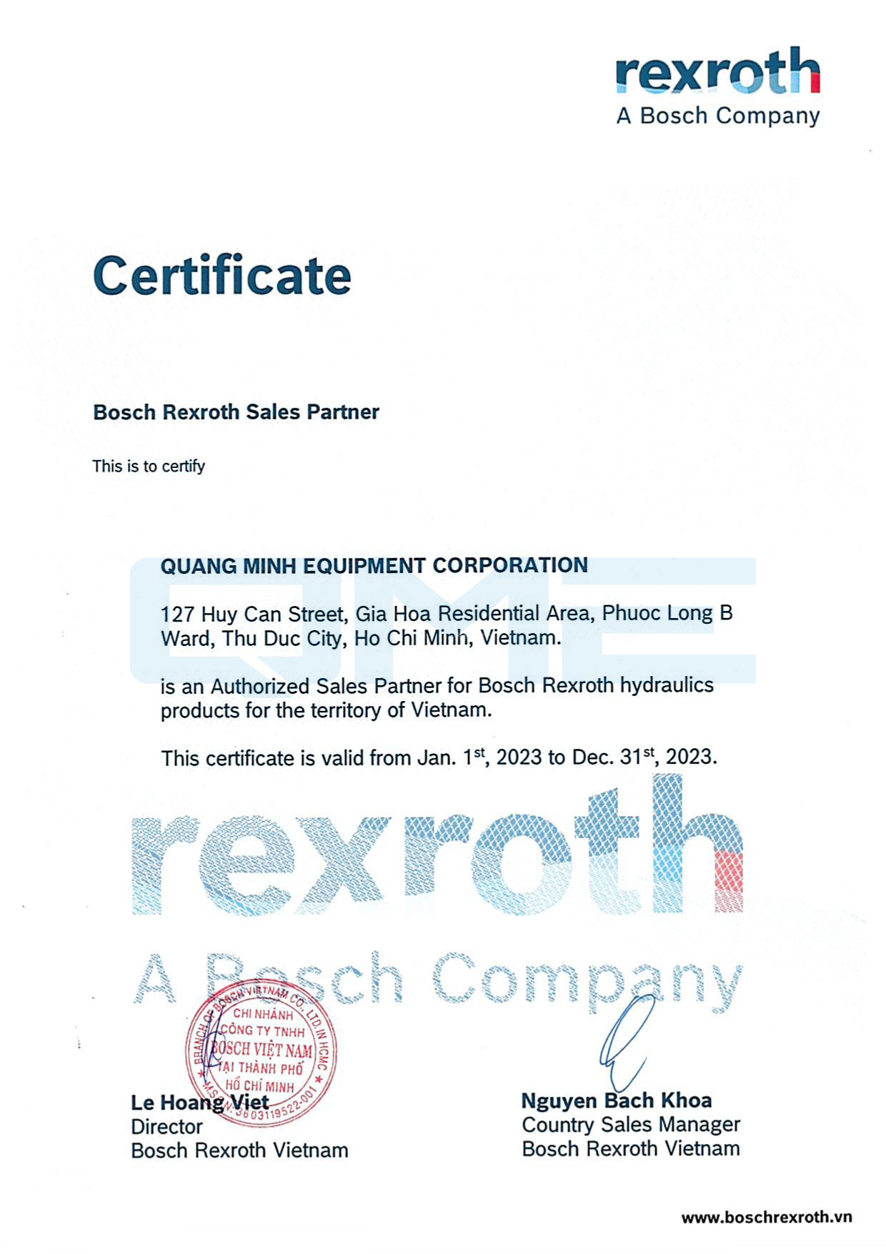 Rexroth's Authorization 2023 - Thư xác nhận QME là Đại lý Rexroth năm 2023